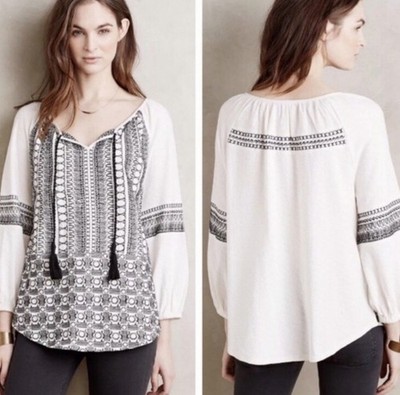 Anthropologie Akemi + Kin Embroidered Peasant Blouse  L  Shirt Boho Top Tassel