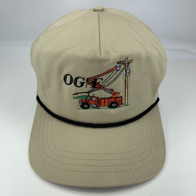 #ad OGamp;E Hat Pauls Valley Oklahoma Gas Electric Tan Rope Strap Trucker Cap Vintage $30.79