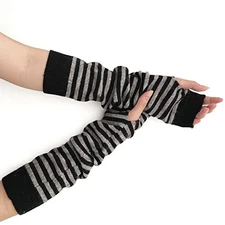  Wool Blended Arm Warmer Winter Novetly Fingerless Gloves Black Grey Striped