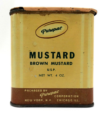Vintage Purepac Brown Mustard Tin Can 4 oz Apothecary Medicine Plaster Slide Top