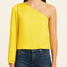 CAMI NYC Canary Yellow One Shoulder Blouse Crinkle Satin Top NWT Size M