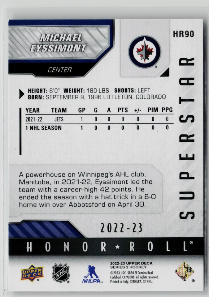 Michael Eyssimont - 2022-23 Upper Deck Honor Roll #HR90 Winnipeg Jets - Image 2 of 2