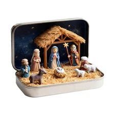 Mini Christmas Nativity Set in Tin Box, Portable Pocket Nativity Scene Decor