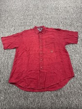 Tommy Hilfiger Shirt Men Large Red Linen Short Sleeve Crest Embroidery Button Up