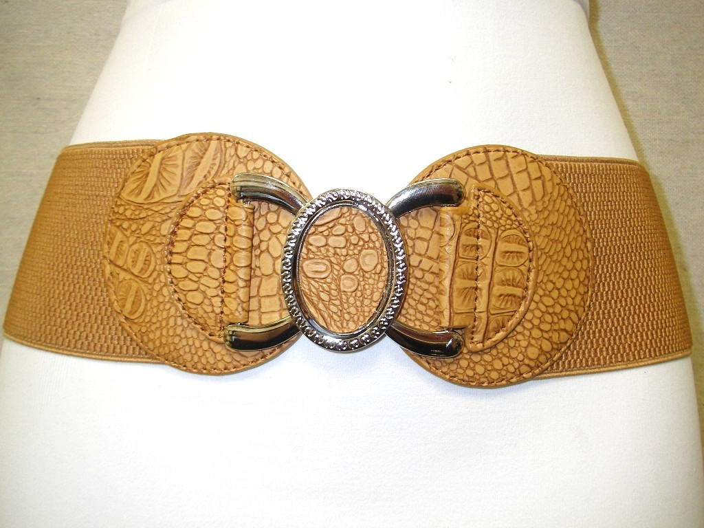 HOT WOMENS ELASTIC BELT BROWN OVAL CROC PRINT CHARMING  display picture 1