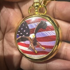 Running American Eagle Gold Pocket Watch with Chain US Flag Quartz New Battery