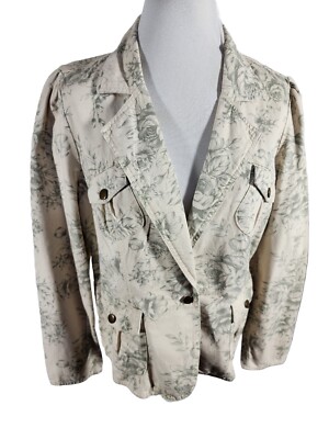 faded glory Wms Sz 14 Biege Green Floral 100% Cotton Lt Weight Jacket S49