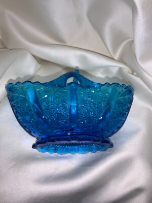 Fenton Art Glass Colonial Blue Daisy Button Split Basket | eBay