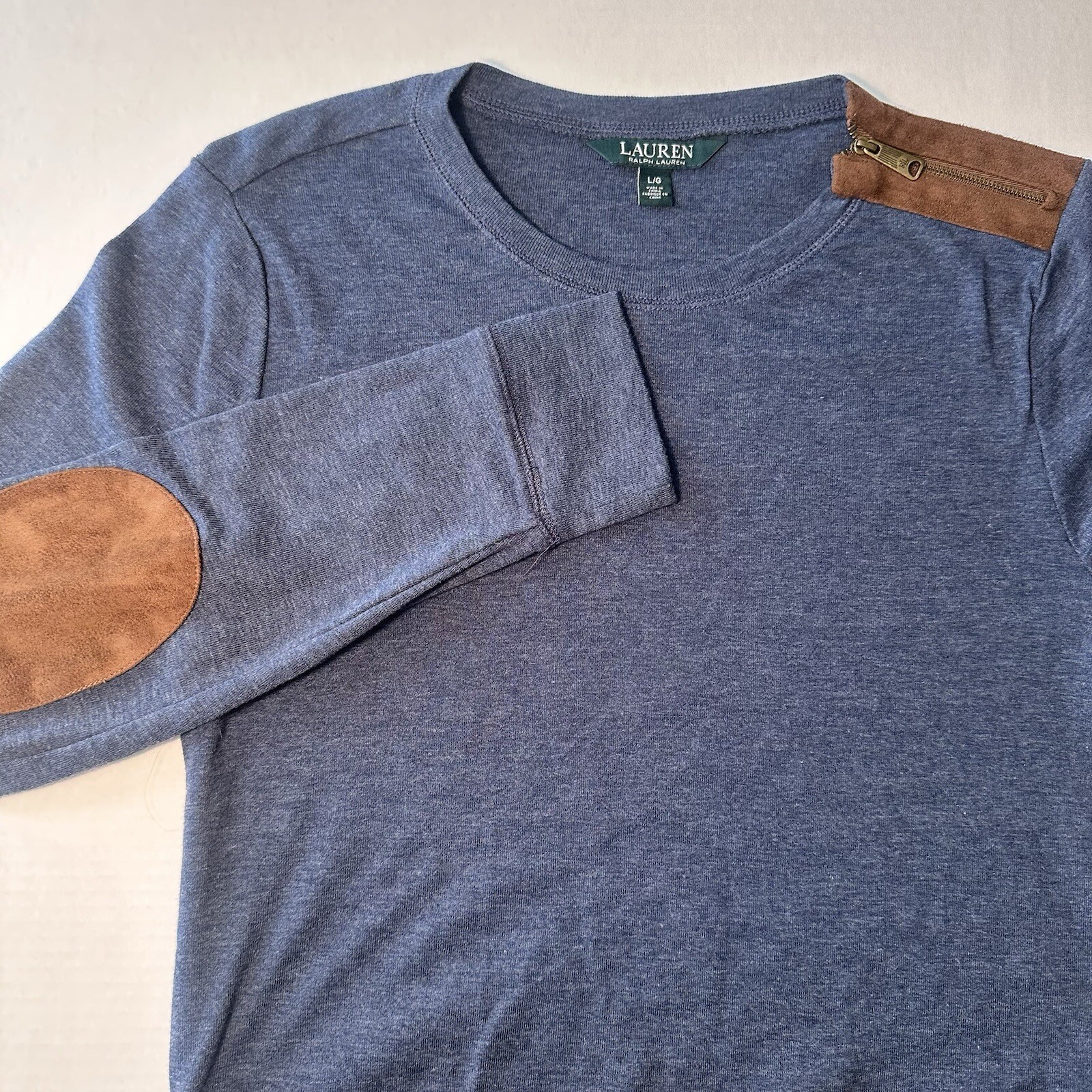 Lauren Ralph Lauren Blue Long Sleeve Shirt Faux Suede Brown Elbow Patch Women L