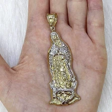 10K Yellow Gold Diamond-Cut Our Lady Of Guadalupe Virgin Mary Pendant 3"