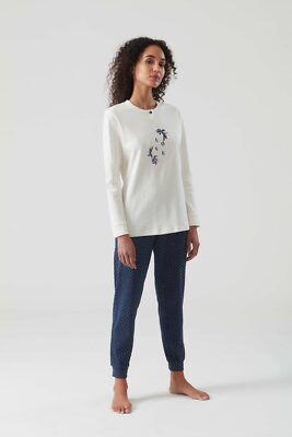 DE15N1 DAMEN SPINNE SCHLAFANZUG 100% BAUMWOLLE HERBST WINTER SERAPHINE NACHTBETT BLAU