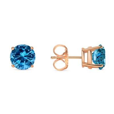 4,50 ct Rundschliff Blau Ohrringe Ohrstecker Massiv 14K Rotgold Push Back Korb