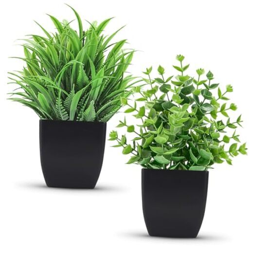 2 Small Artificial Potted Plants in Black Pots - 2 Pack