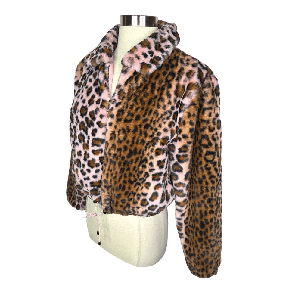 Kendall & Kylie Faux Fur Pink Leopard Print Half Zip Jacket Size Small Pullover - Image 3 of 4