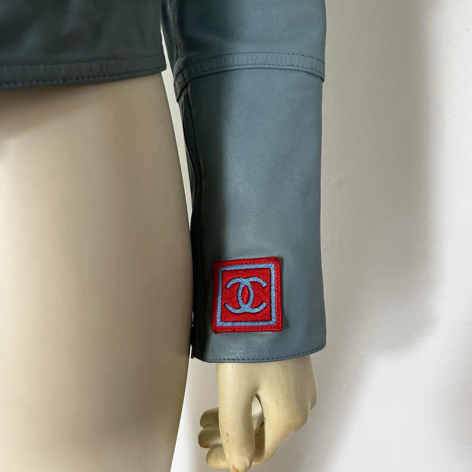 VTG Chanel 02S Identification Blue Moto Leather Jacket with CC Logo Patch & Zips image 4