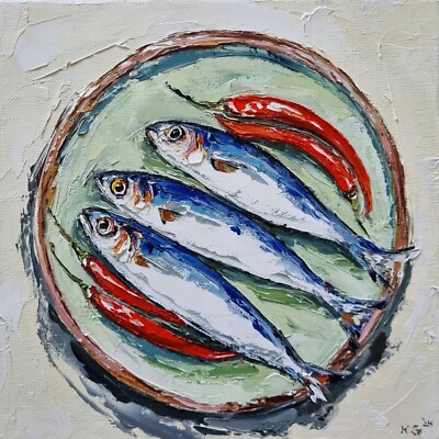 Original Ölgemälde Stillleben Kunstwerk Fisch Sardinen Chili Küche Kunst 8x8''
