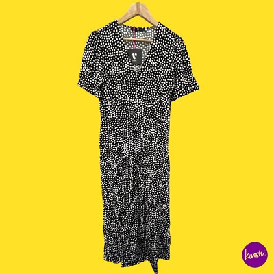 V BY VERY Damen Midikleid, Schlitz vorne, Punktmuster, schwarz, UK 14 | EU 42