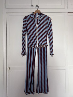 SUNNEI Celestial Stripe Tulle Two Piece Set Top and Pants Mesh Flared Leg