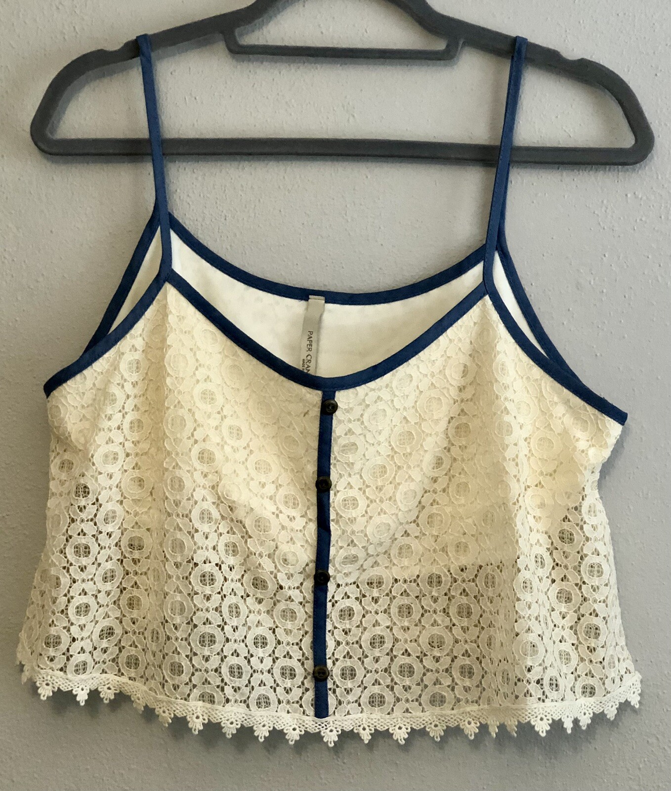 Crop Top Cream Lace Blue Spaghetti Straps Paper Crane Size Large Built In Bra-image