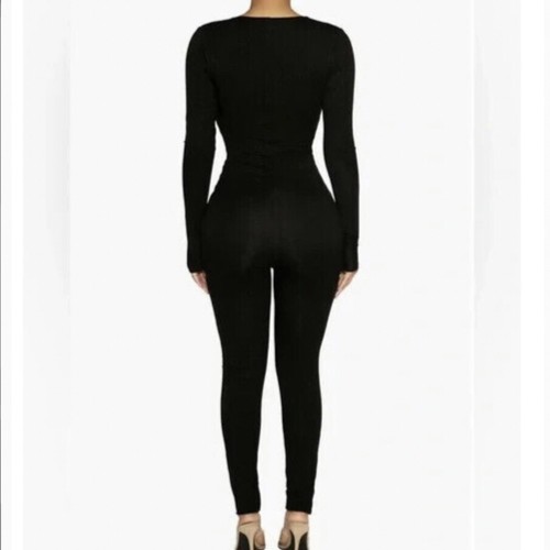 Naked Wardrobe Gathered Deep V-Neck Long Sleeve Jumpsuit Black Size S - Picture 4 of 7
