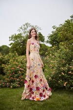 Women's long multicolor tulle gown 3D floral appliqu  sweetheart sleeveless
