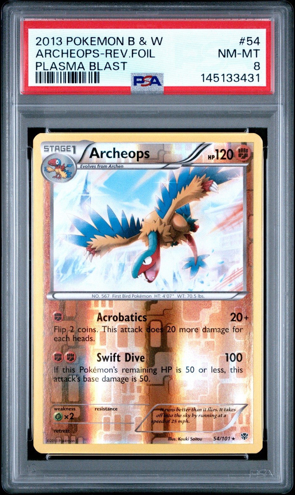 Archeops 2013 Plasma Blast #54/101 Pokemon Reverse Holo PSA 8