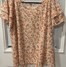 Women's Floral Print Ruffle Short Sleeve Chiffon Blouse Beige Orange