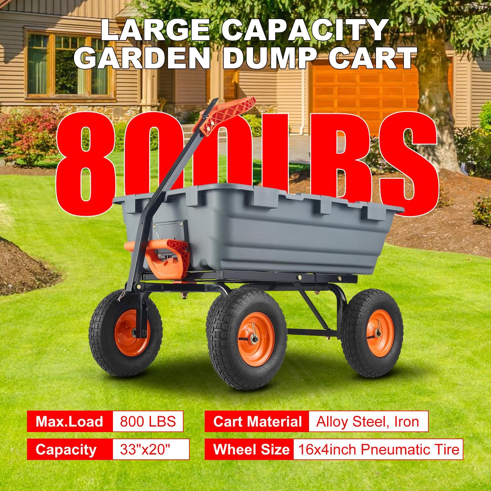 800 LBS Poly Garden Dump Cart Heavy-Duty Dump Wagon Utility Cart Wheelbarrow 