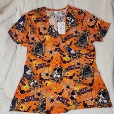 Disney Mickey Mouse Haunted Halloween Medical Scrub Top Orange Women's Sz Small