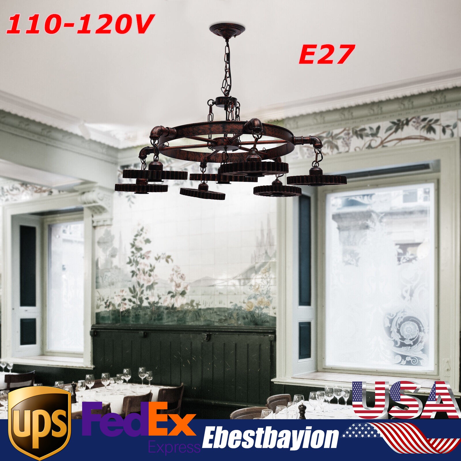 Rustic Steampunk Gear Chain Metal Pendant Ceiling Lamp Fixture