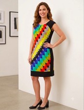 London Times Women’s Shift Dress Colorblock Geometric Knit Stretch 8 Black