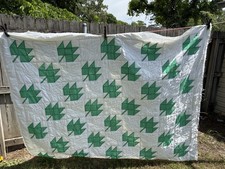 Green leaf Quilt. Hand stitched. Stains. Needs Binding. Great Project Piece.