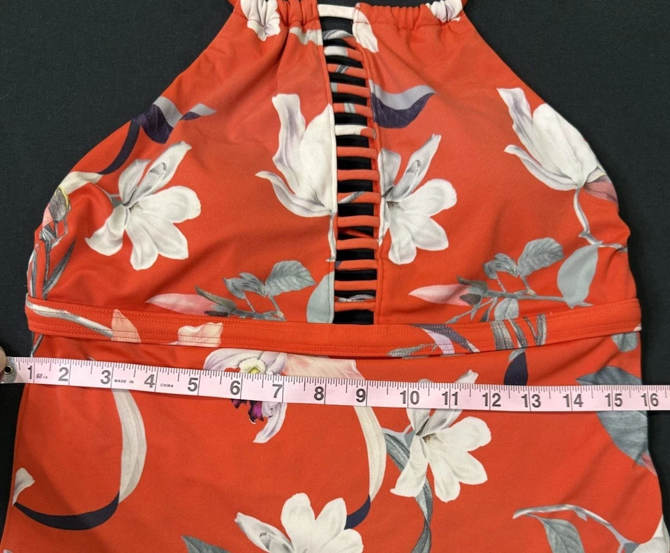 Athleta High Neck Tankini Top Orange Tropical Floral Halter Tie Size Medium M - Image 3 of 4