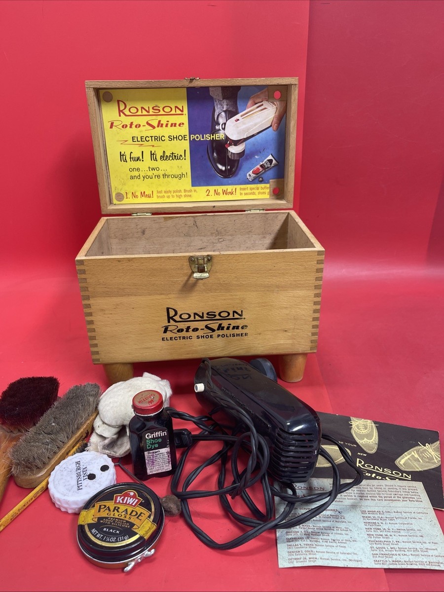 Vintage Electric Ronson Roto-Shine Magnetic Shoe Polish Kit Wood
