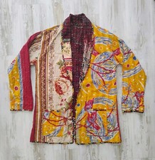 Vtg Handmade Reversible Kantha Jacket Bohemian Patchwork Art Open Front Colorful