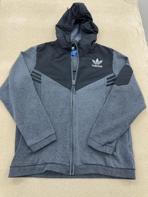 adidas Essentials Herren L Grau Full-Zip Fleece Hoodie 3-Streifen