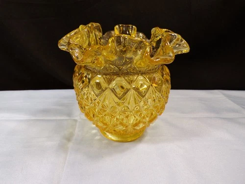 Fenton Golden Yellow Glass Fine Cut & Block Rose Bowl Vase 4 3/8" Tall