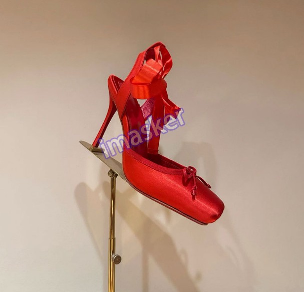 Womens Square Toes Silk Satin Bow Strap Thin High Heels Roman Sandals Ballet