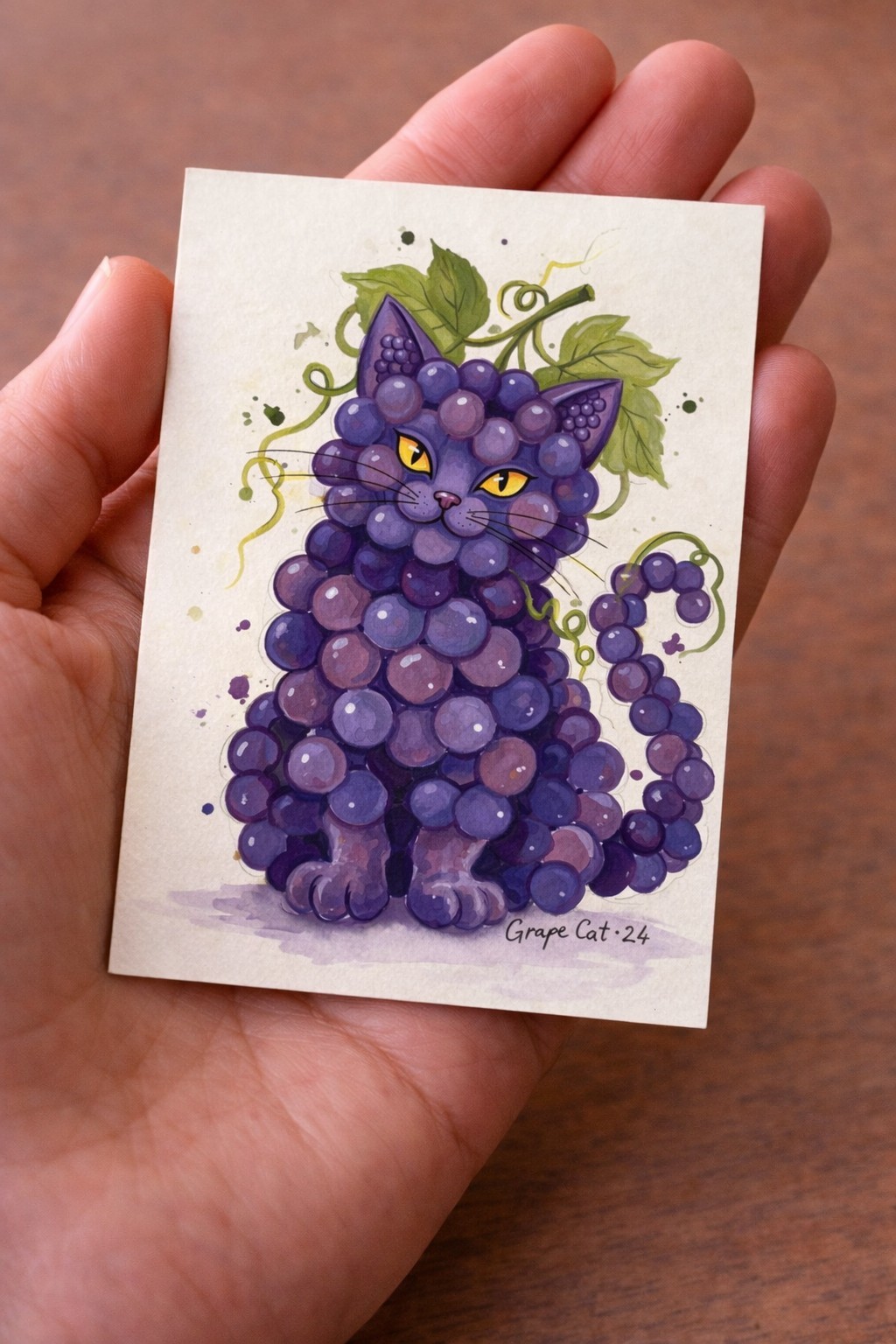 Impresión ACEO Uva Gato Arte Mini Pintura Gato Fruta Arte Caprichoso Kawaii Animal