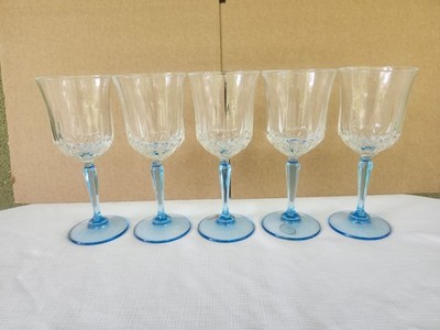 St. George Heritage Blue Crystal Water Wine Goblets 7  Light Blue Stem Set of 5