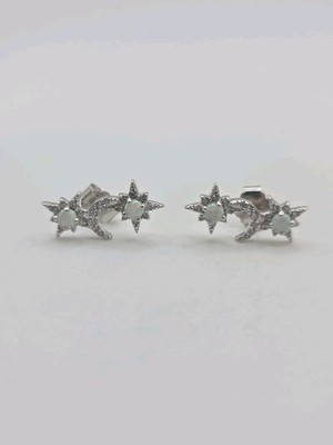 Sterling Silver 925 Opal Moon Star Stud Earrings