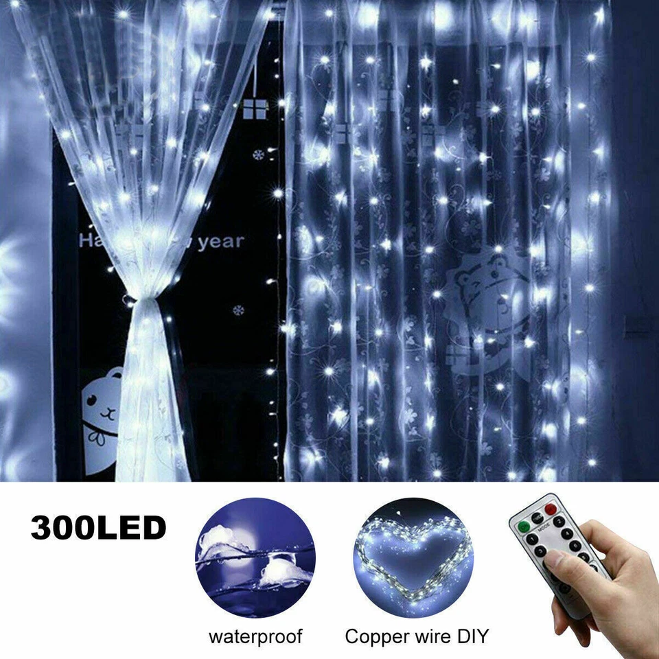 300 LED Curtain Fairy Lights USB String Light With Remote Xmas Party Wedding US - Image 3 of 4