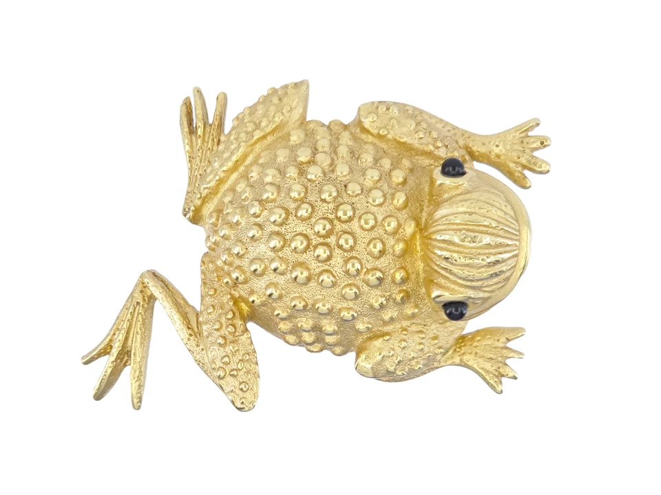 BROCHE SAPO SAPO OLHOS VIDRO PRETO VINTAGE DÉCADA DE 1990 ERWIN PEARL DESIGNER GOLDTONE - Imagem 3 de 4