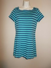 Chaps Womens Size M Blue Green Striped Tunic To Stretch Knit Short Sleeves