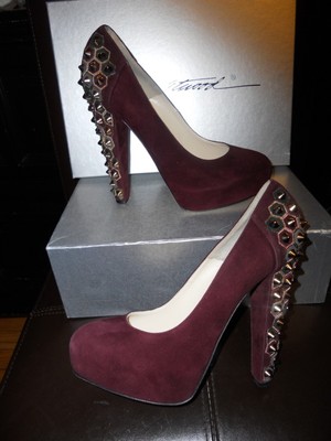 Brian Atwood POWER Studded Burgundy Suede Platform Pumps
