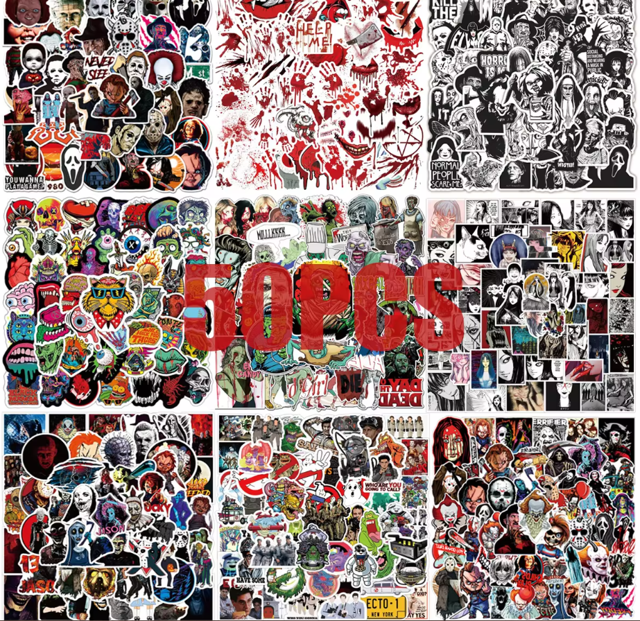 Main Charters Sticker 50 Pcs Horror Movie Character Halloween Theme Sticker Dark Comedy Scary ...