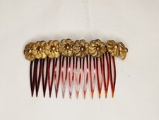 Vintage Celluloid Hair Comb With Brass Floral Flower Appliqu 