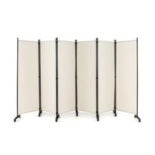 6-Panel Folding Room Divider 6ft Rolling Privacy Screen w/ Lockable Wheels White