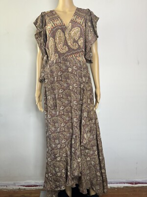 Y2K Earthy Sheer Paisley Layered Wrap Dress Ruffle Boho Fairy Romantic 90s OS