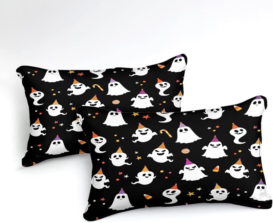Happy Halloween Comforter Set Queen Size Black White Ghost Bedding
